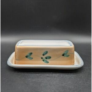 Caleca Italy Hand Painted Ceramic Butter Dish with Lid Peach Teal Vine Design